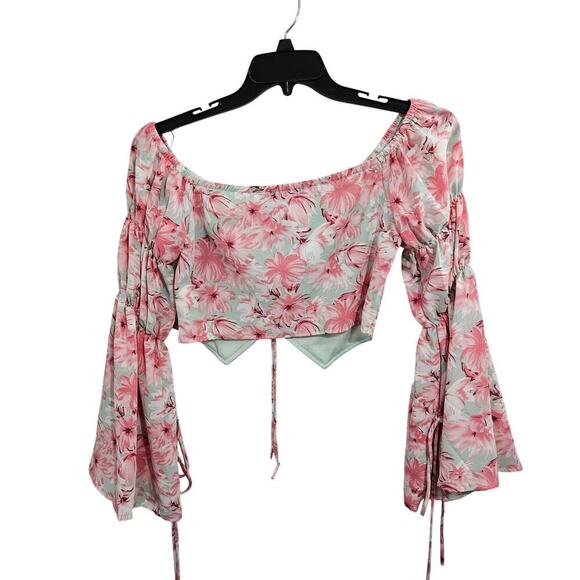 Floral Pink Puff Long Flare Sleeve Self Tie Front Crop Corset Top. Size Large - Picture 2 of 10